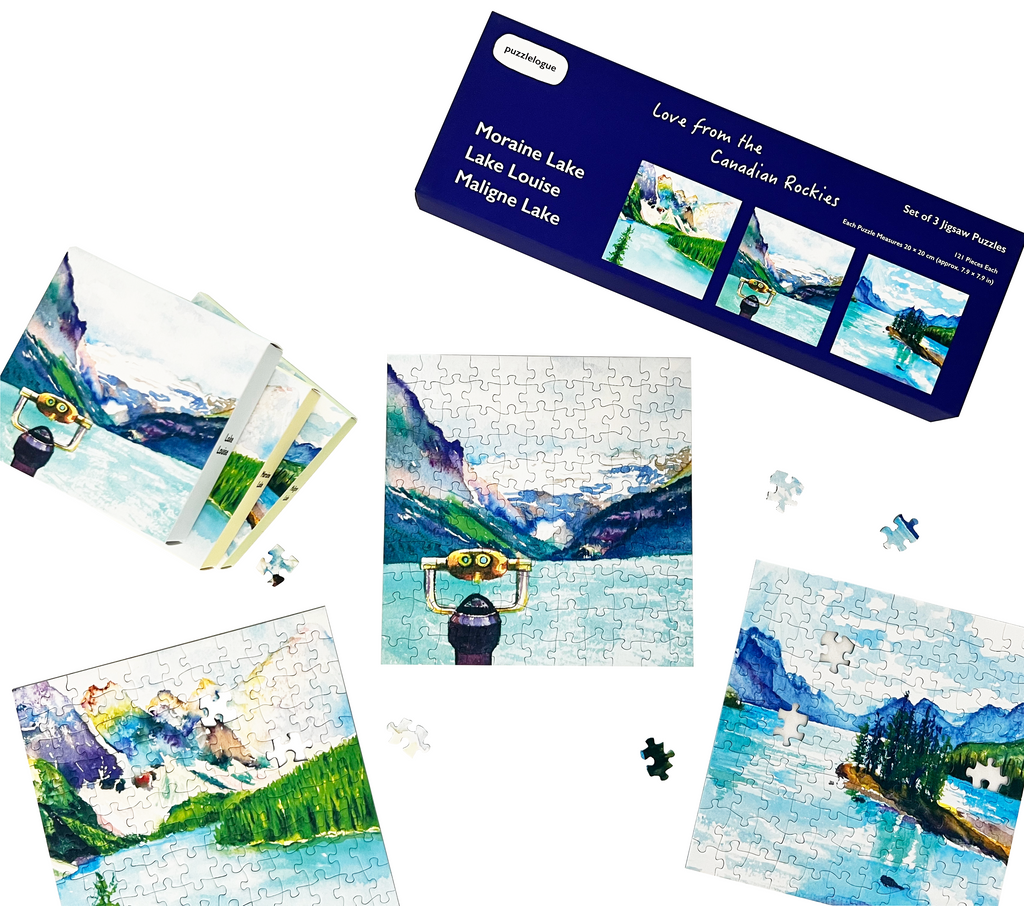 Love from The Canadian Rockies | Set of Three 121-Piece Jigsaw Puzzles | Maligne Lake, Lake Louise, and Moraine Lake