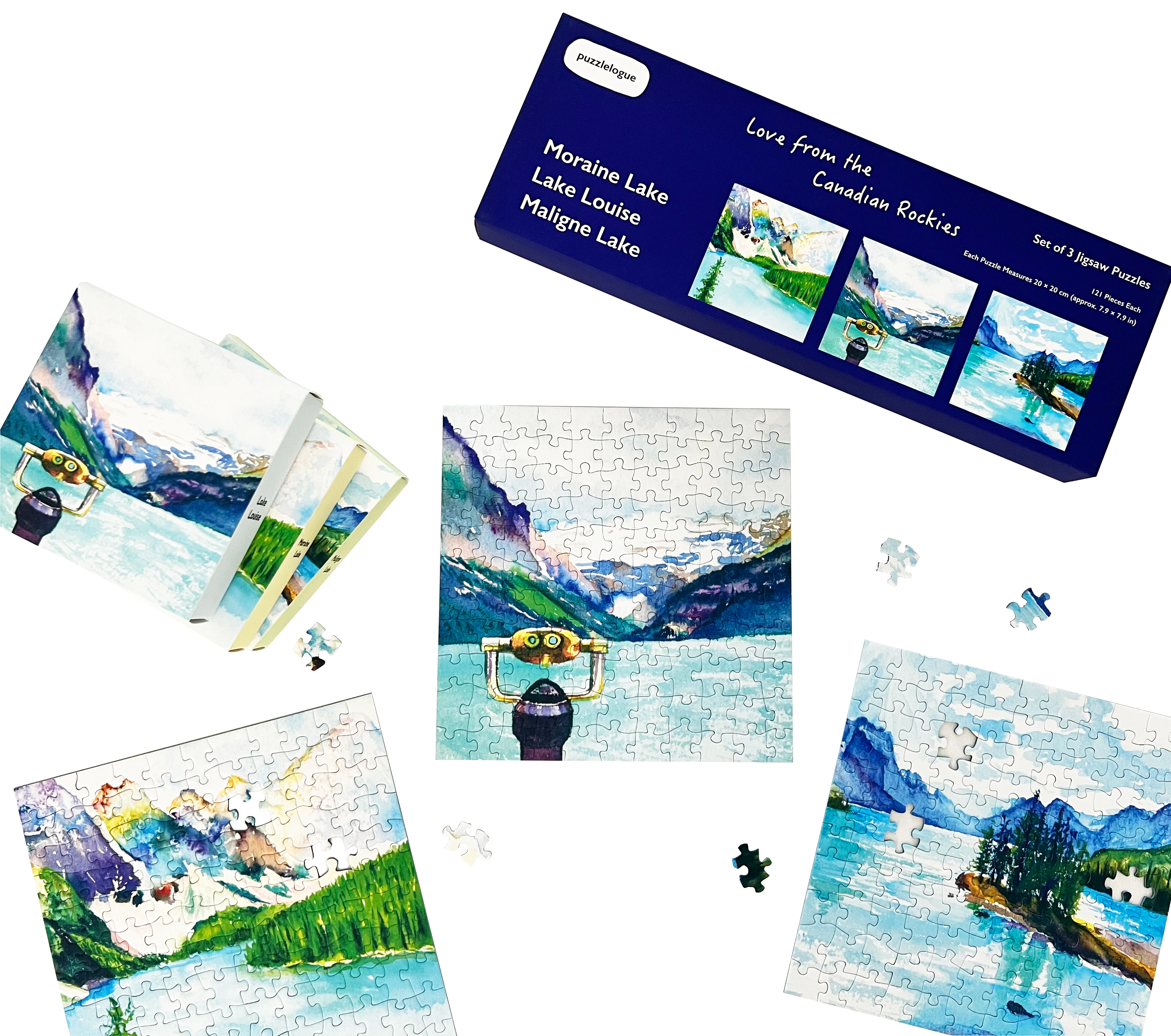 Love from The Canadian Rockies | Set of Three 121-Piece Jigsaw Puzzles | Maligne Lake, Lake Louise, and Moraine Lake